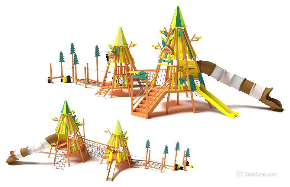 Outdoor Green And Yellow Wooden Playground Equipment With Tree Shaped Towers Slides Climbing Nets 3d model 