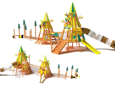 Outdoor Green And Yellow Wooden Playground Equipment With Tree Shaped Towers Slides Climbing Nets 3d model