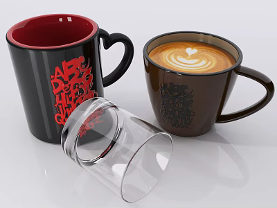 Black Mug With Red Interior And Red Design Brown Mug With Latte Heart Foam Art Clear Glass Tipped Over 3d model