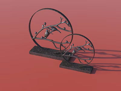 Decorative Ornament Set With Circular Metal Design Branches And Birds On Black Base 3d model