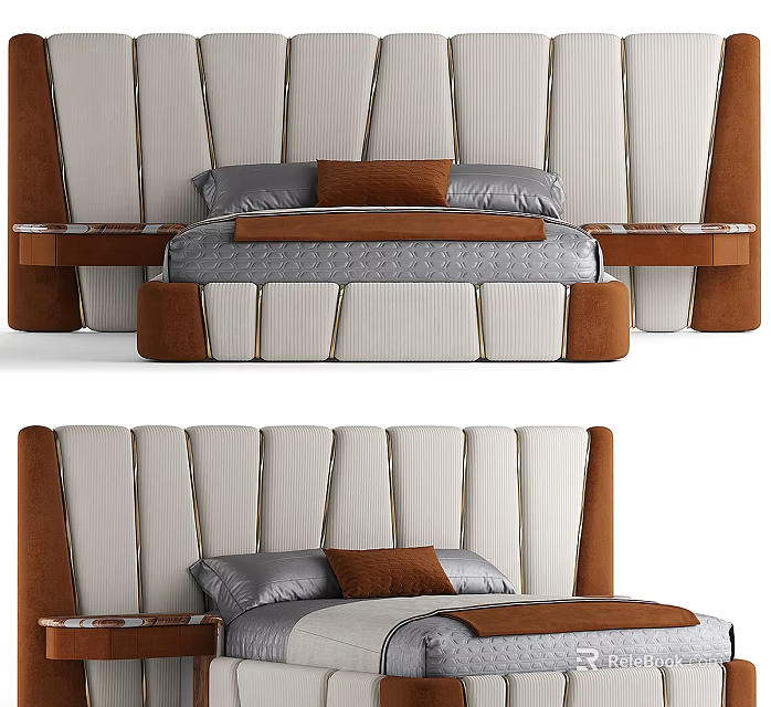 Upholstered Modern Double Bed In Background With Beige Brown Headboard And Pillows 3d model