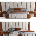 Upholstered Modern Double Bed In Background With Beige Brown Headboard And Pillows 3d model