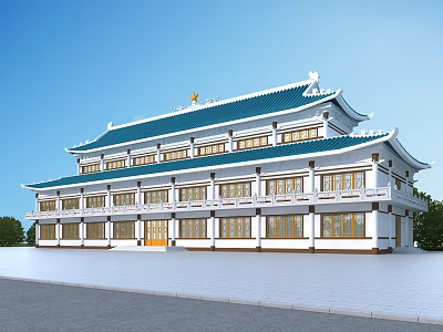 Traditional Ancient Architecture Featuring Blue Roof Overhanging Eaves And Wooden Windows 3d model