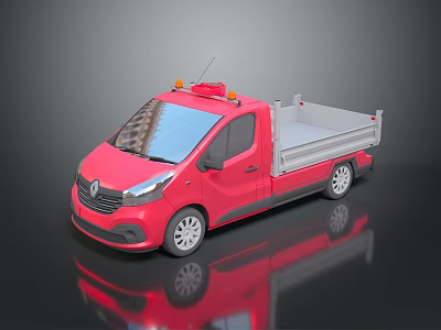 Red Pickup Truck Converted From Small Van With Orange Roof Lights Silver Cargo Bed 3d model