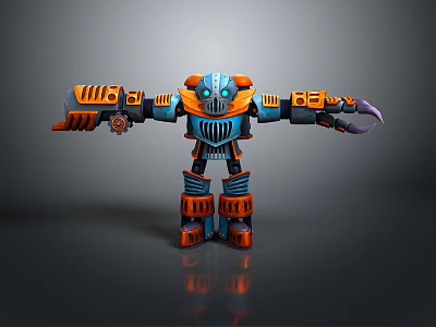 Mechanical Robot Character Design With Blue Orange Armor Clawed Arms And Numbered Parts 3d model