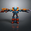 Mechanical Robot Character Design With Blue Orange Armor Clawed Arms And Numbered Parts