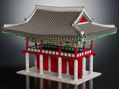Cartoon Scene of Traditional Korean Architecture With Colorful Roof Red Pillars And Green Decorations 3d model