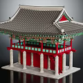 Cartoon Scene of Traditional Korean Architecture With Colorful Roof Red Pillars And Green Decorations