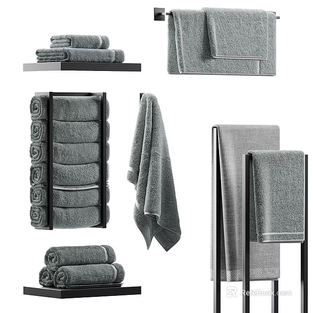 Gray Towels Stacked and Hanging in Various Styles on Modern Racks 3d model 