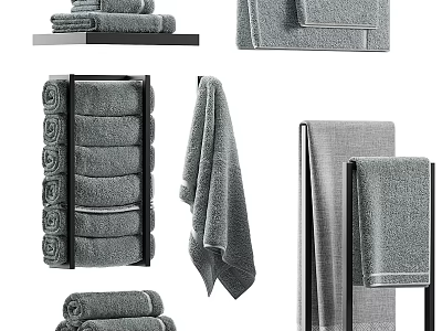 Gray Towels Stacked and Hanging in Various Styles on Modern Racks 3d model