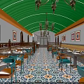 Vibrant Restaurant Interior With Green Arched Ceiling Chandeliers Decorative Paintings And Patterned Floor