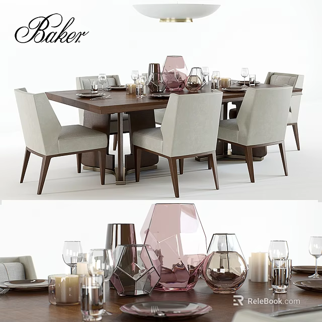 Elegant Modern Table And Chairs Set With Upholstered Seats And Decorative Glassware 3d model 