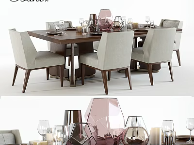 Elegant Modern Table And Chairs Set With Upholstered Seats And Decorative Glassware 3d model