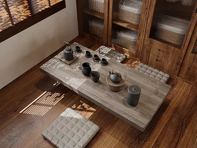Japanese Wooden Tea Table and Chairs with Tea Set Floor Cushions and Sunlight Through Window 3d model