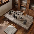 Japanese Wooden Tea Table and Chairs with Tea Set Floor Cushions and Sunlight Through Window