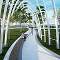 Modern Park Landscape With Curved White Pathway Palm Trees And Green Grass 3d model
