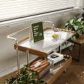 Modern Side Table with Transparent Top Wooden Shelf Metal Frame on Wheels Living Room