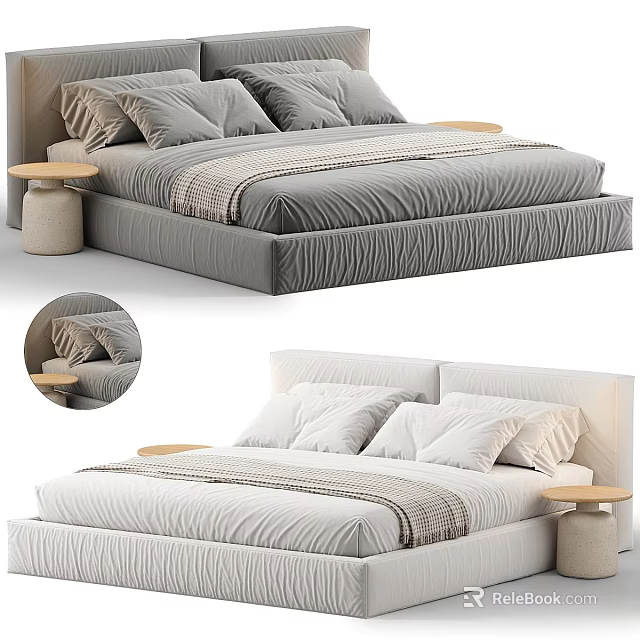 Modern Minimalist Double Bed with Soft Bedding Pillows and Round Side Tables 3d model 