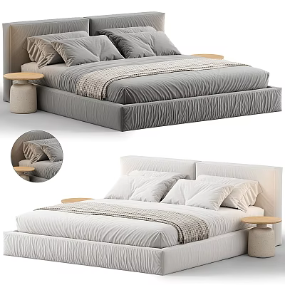 Modern Minimalist Double Bed with Soft Bedding Pillows and Round Side Tables 3d model
