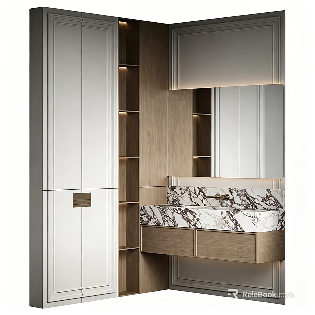 Modern Bathroom Vanity Cabinet With Wooden Frame Marble Countertop And Mirror 3d model 
