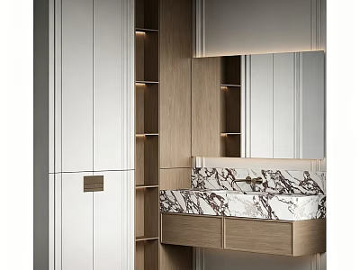 Modern Bathroom Vanity Cabinet With Wooden Frame Marble Countertop And Mirror 3d model