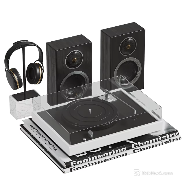 High Quality Headphones And Speakers With Turntable And Vinyl Records Setup 3d model 