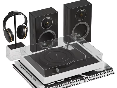 High Quality Headphones And Speakers With Turntable And Vinyl Records Setup 3d model