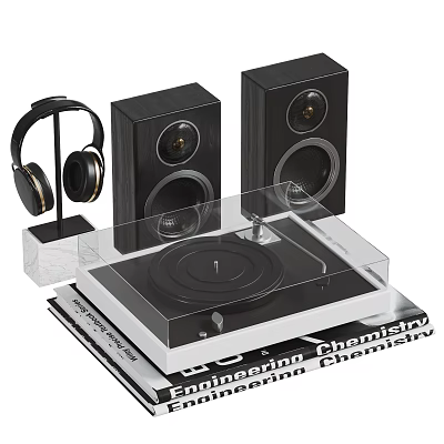 High Quality Headphones And Speakers With Turntable And Vinyl Records Setup 3d model