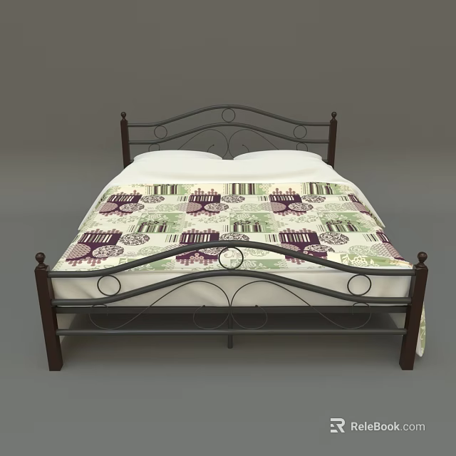 Double Bed With Curved Iron Frame And Purple Green Pattern Bedspread White Pillows 3d model 