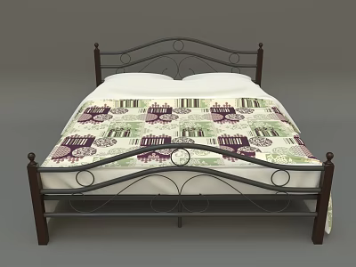 Double Bed With Curved Iron Frame And Purple Green Pattern Bedspread White Pillows 3d model