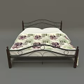 Double Bed With Curved Iron Frame And Purple Green Pattern Bedspread White Pillows