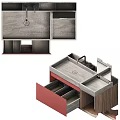Modern Bathroom Vanity With Red Cabinet Gray Countertop Faucet And Mirrors