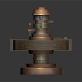 Detailed 3D Model Of Mechanical Device On Circular Wooden Platform With Orange Components