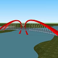 Red Arch Bridge With Modern Cable Structure And Water Reflection By Lake Trees