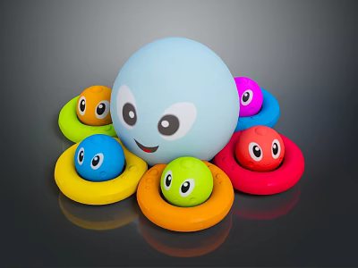 Cute Blue Octopus Toy with Colorful Rings and Small Smiling Aquatic Creatures 3d model