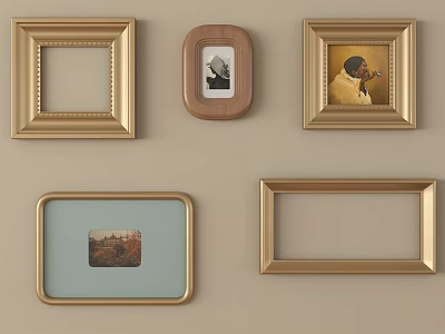 Different Photo Frames In Golden Wooden Styles With Empty And Picture Filled Designs On Wall 3d model