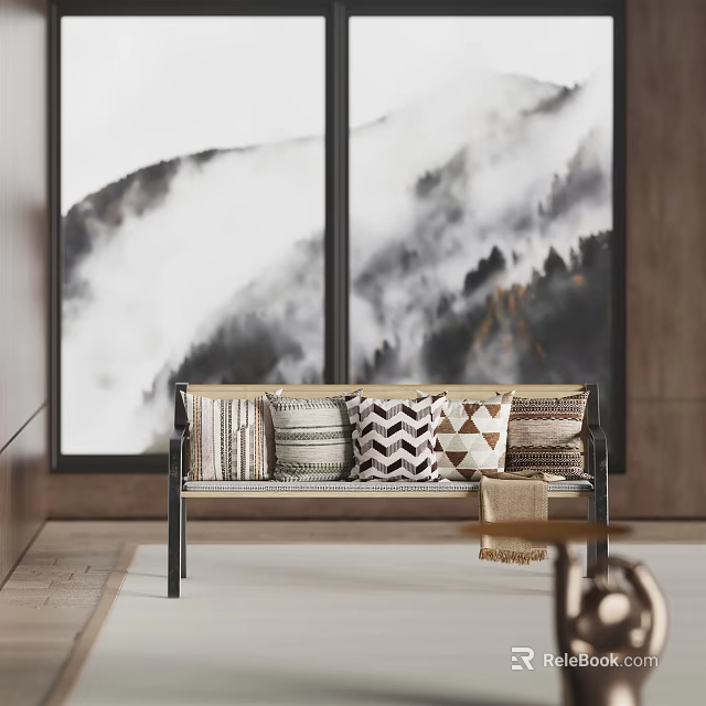 Modern Public Chair With Patterned Cushions And Mountain View Backdrop Indoor 3d model