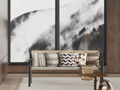 Modern Public Chair With Patterned Cushions And Mountain View Backdrop Indoor 3d model
