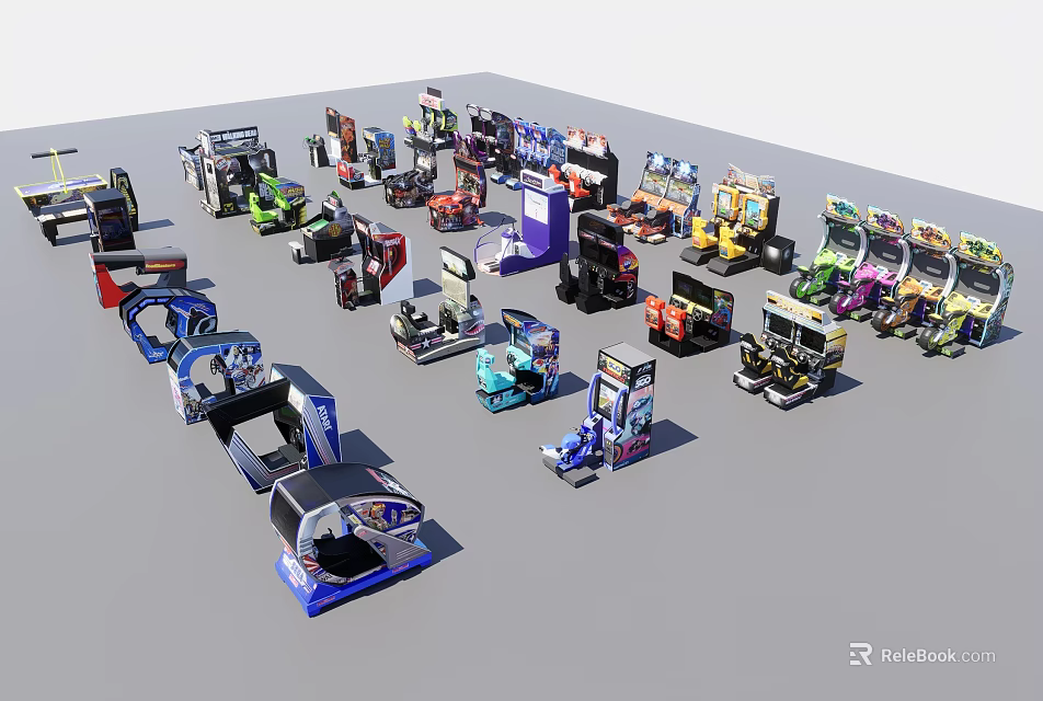 Variety of Colorful Amusement Equipment Including Arcade Machines Bumper Cars and Game Machines 3d model 