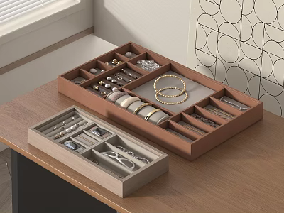 Elegant Open Jewelry Box With Organized Various Bracelets Rings Earrings On Wooden Desk 3d model
