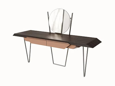 Modern Dressing Table With Dark Wood Top Round Mirror And Metal Legs 3d model