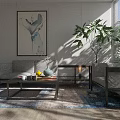 Modern Sofa And Coffee Table Set With Area Rug Decorative Art And Potted Plant