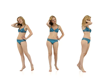 Woman in Blue Bikini Posing in Three Different Standing Positions on White Background 3d model