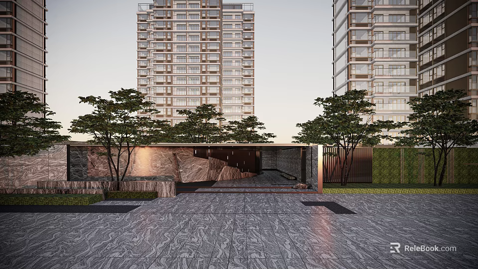 Garden Landscape Design With High Rise Residential Buildings Trees And Stone Pavement 3d model 