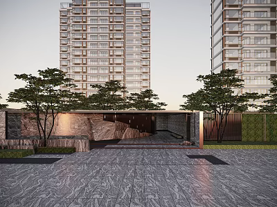 Garden Landscape Design With High Rise Residential Buildings Trees And Stone Pavement 3d model