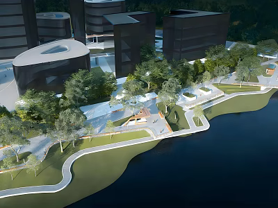 Modern Urban Waterfront Landscape Design with Curved Walkways Green Spaces and Trees 3d model