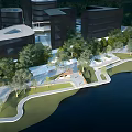 Modern Urban Waterfront Landscape Design with Curved Walkways Green Spaces and Trees