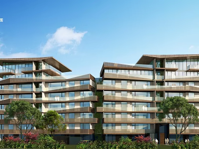 Modern Multistory Residential Building With Large Glass Windows Green Trees And Blue Sky View 3d model