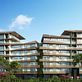 Modern Multistory Residential Building With Large Glass Windows Green Trees And Blue Sky View