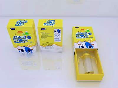 Ceramic Baby Bottles in Yellow Packaging with Cartoon Design and Open Box 3d model